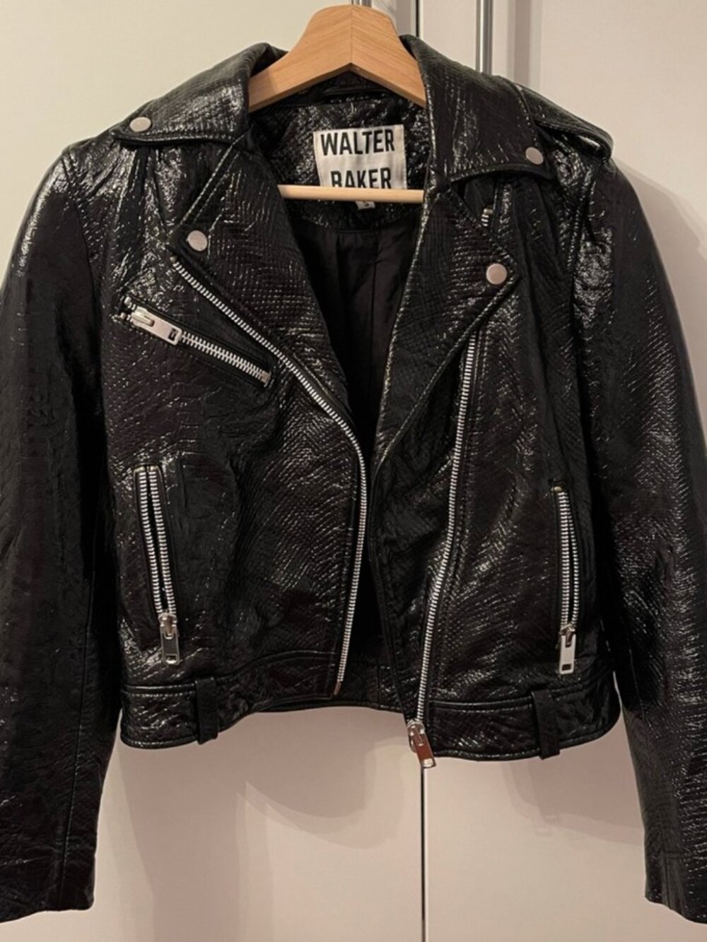 Walter Baker Black Leather Snakeskin Print Motor Jacket Edgy Moto Size S